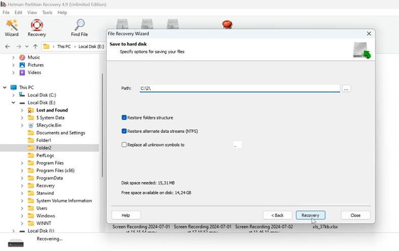 Hetman Partition Recovery: Wählen Sie den Pfad aus, in dem die Dateien gespeichert werden sollen