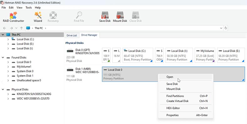 Hetman RAID Recovery: Клікніть по диску правою кнопкою миші та виберіть – Відкрити