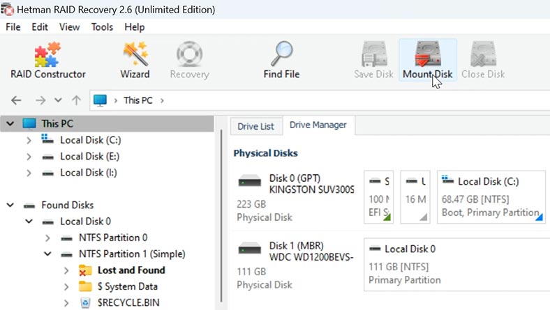 Hetman RAID Recovery: Mounten eines Disk-Images