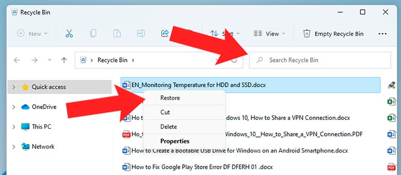 Кошик Windows: клацніть по файлу правою кнопкою миші та виберіть Відновити