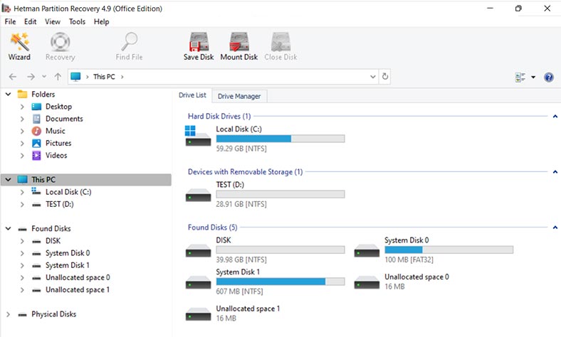 Hetman Partition Recovery: всі підключені диски