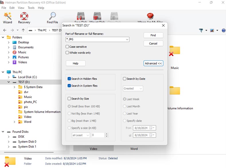 Hetman Partition Recovery: função de pesquisa de ficheiros