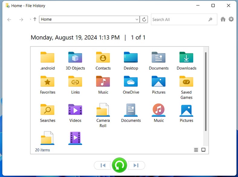 Historia plików systemu Windows: Kliknij zielony przycisk przywracania