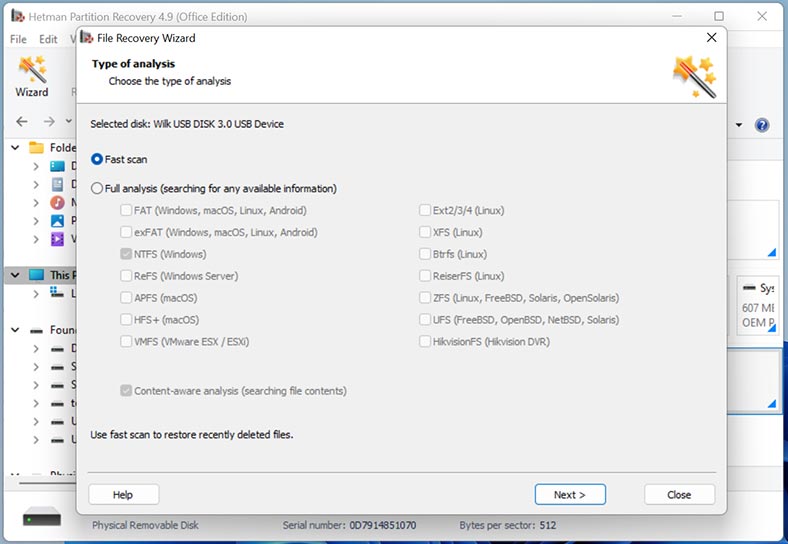 Hetman Partition Recovery: seleccionar o tipo de análise