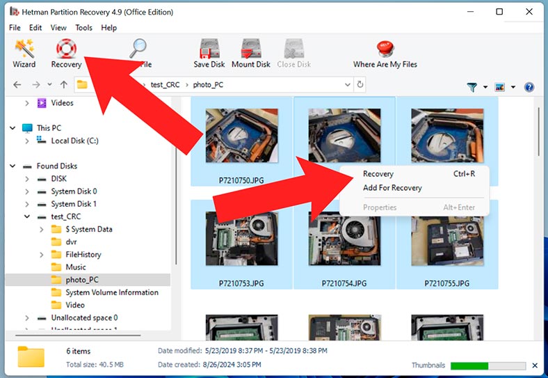 Hetman Partition Recovery: sélectionnez les fichiers que vous souhaitez restaurer et cliquez sur le bouton Restaurer