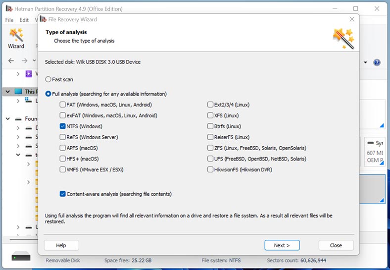 Hetman Partition Recovery: sélectionnez Analyse complète et spécifiez le système de fichiers