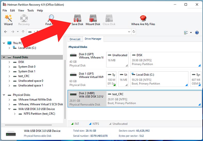 Hetman Partition Recovery: para obter uma imagem de disco, seleccione-a e clique em Guardar disco