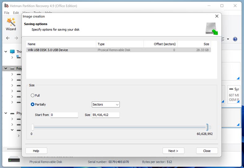 Hetman Partition Recovery: Spécifiez l'emplacement où enregistrer l'image disque