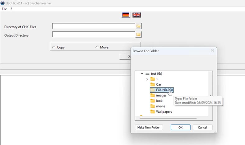 deCHK: виберіть папку FOUND.000 як місце для пошуку файлів