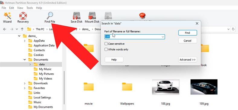 Hetman Partition Recovery: скористайтеся функцією пошуку на ім'я