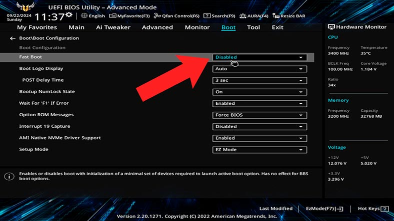 BIOS/UEFI: Перевірте наявність опції Fast Boot