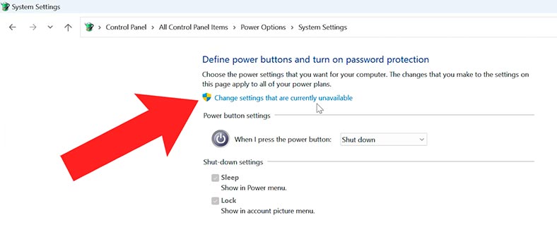  Панель керування - Електроживлення - Вибрати дії для кнопок живлення - Зміна параметрів, які зараз недоступні