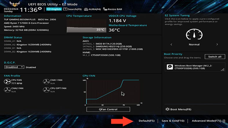 BIOS/UEFI: Repor predefinição