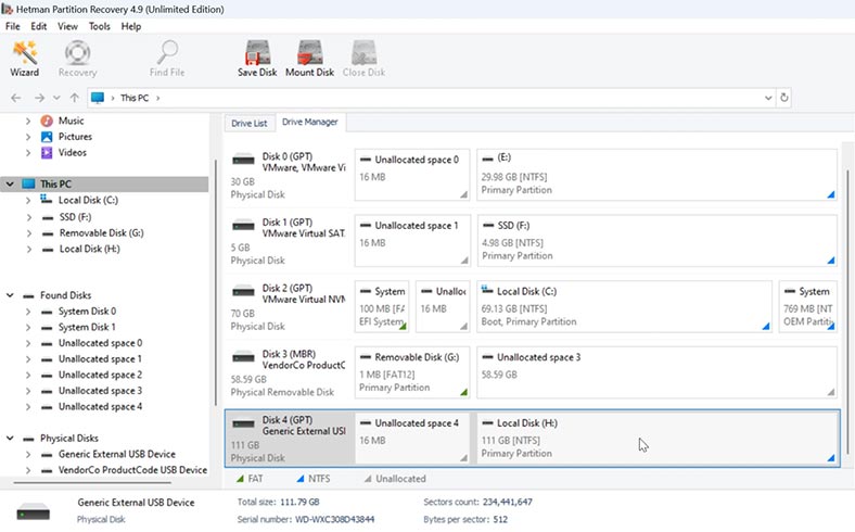 Hetman Partition Recovery: Identifique la unidad en el administrador de discos del programa