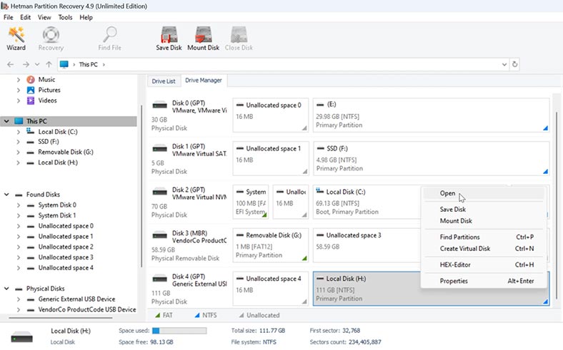 Hetman Partition Recovery: haga clic derecho en el disco y seleccione – Abrir