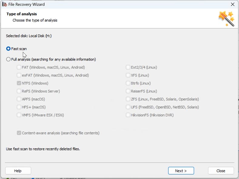 Hetman Partition Recovery: Especificar tipo de análisis - Análisis rápido