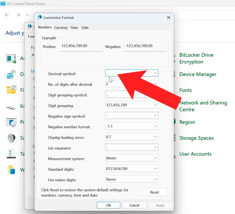 En la línea del separador decimal, asegúrese de que el valor esté configurado correctamente