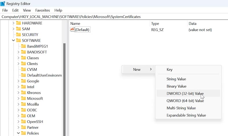 HKEY_LOCAL_MACHINE\SOFTWARE\Policies\Microsoft\SystemCertificates