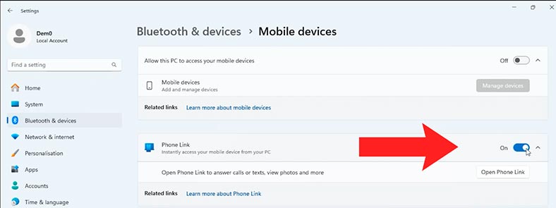 Start - Settings - Bluetooth & devices - Mobile devices