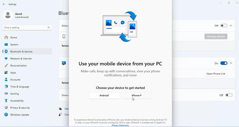 Choose the device for connection in the new window that opens – iPhone