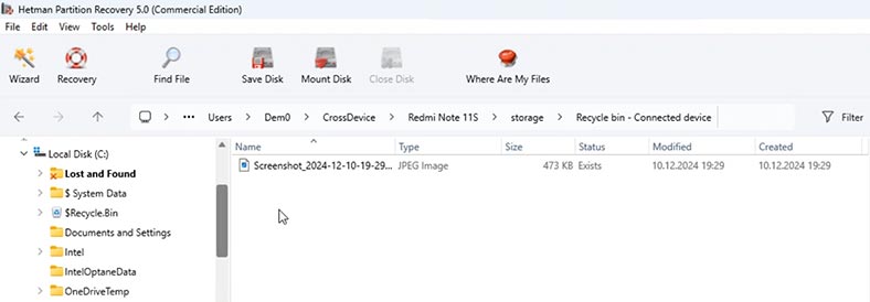 Hetman Partition Recovery: Recycle bin - Connected device