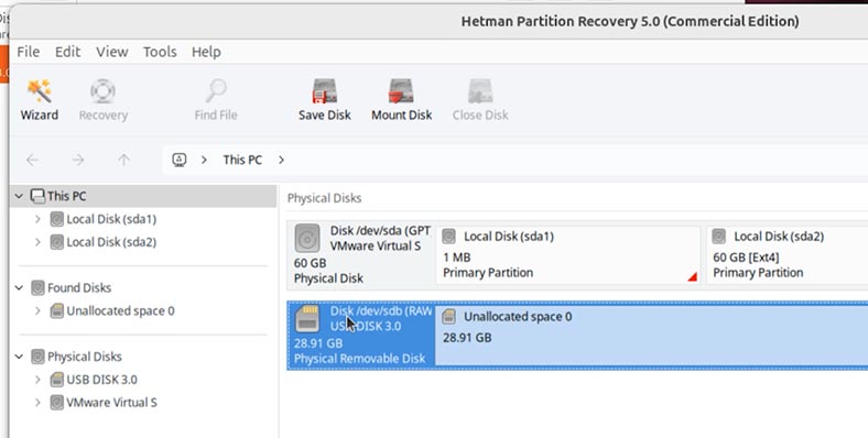Hetman Partition Recovery: espacio de disco no asignado