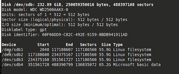 sudo fdisk -l:disk particiones sdb