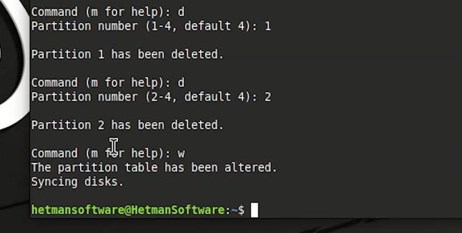 fdisk: ejecutando comandos (w)