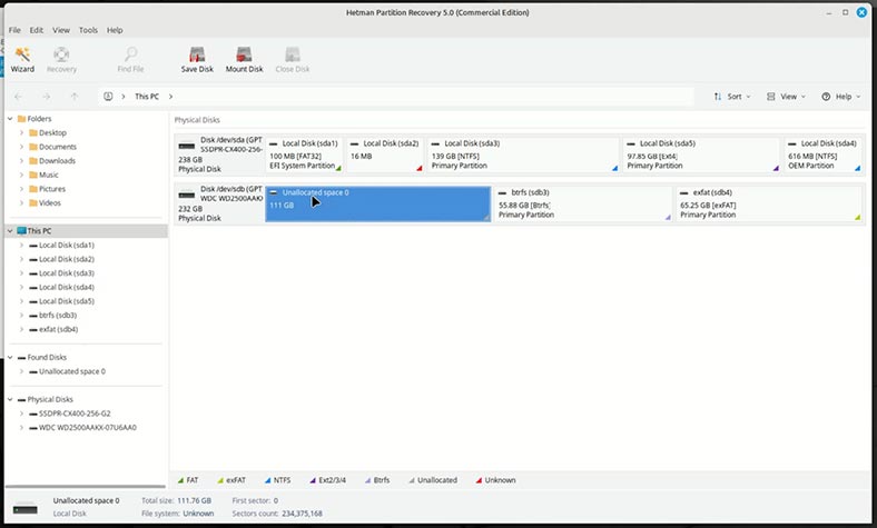 Hetman Partition Recovery: área no asignada del disco sdb