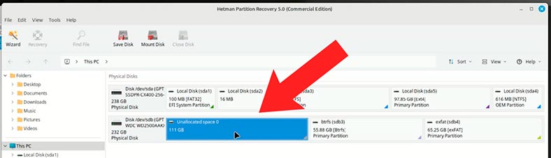 Hetman Partition Recovery: área no asignada del disco sdb