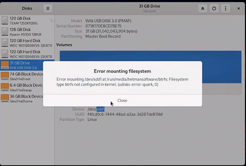 Błąd podczas montowania dysku btrfs