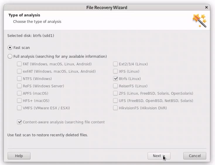 Hetman RAID Recovery: Szybkie skanowanie dysku btrfs