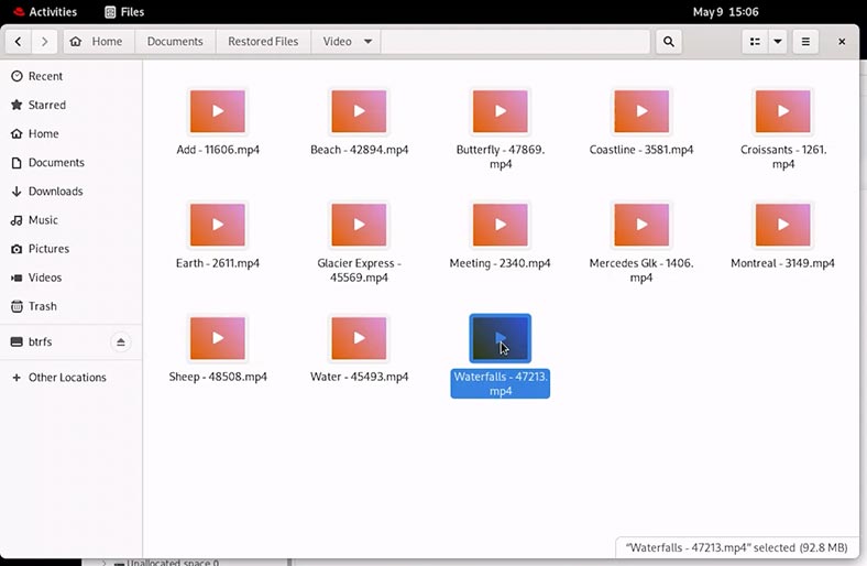 Przywrócone pliki na dysku btrfs