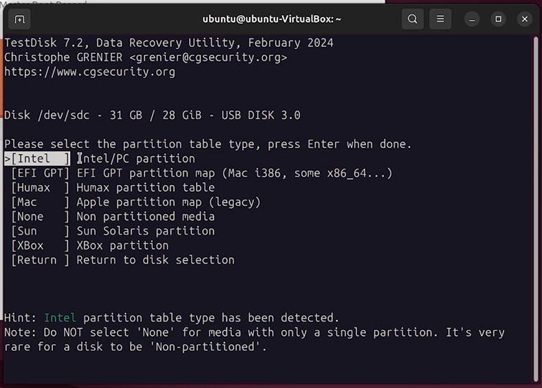 TestDisk: Disco Intel (MBR)