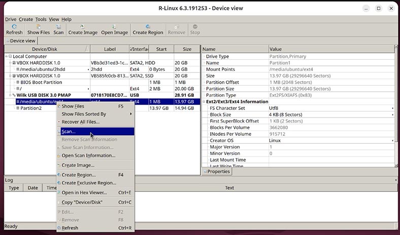 R-Linux: Haga clic en Escanear y el programa analizará la estructura del disco