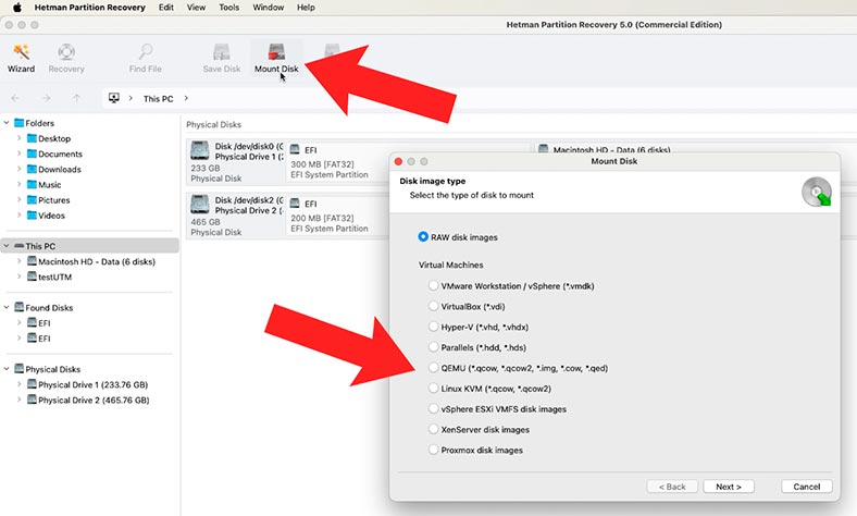 Hetman Partition Recovery: montage du disque de la machine virtuelle