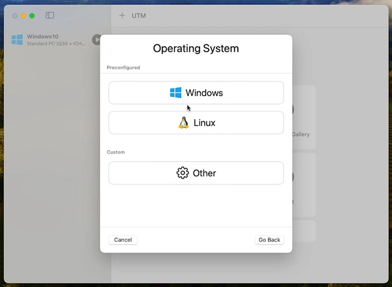 UTM: sélection du système d'exploitation installé