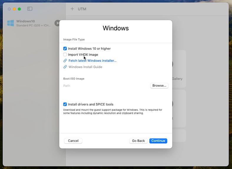 UTM: Utiliser une image de disque virtuel existante