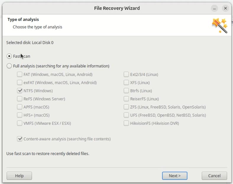 Hetman Partition Recovery: seleccionar el tipo de análisis del disco