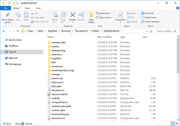 A Thunderbird user profile contains a certain list of files and folders C:UsersUsernameAppDataRoamingThunderbirdProfiles