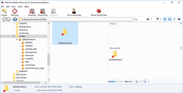 Hetman Partition Recovery. Recover the folder or the Thunderbird profile backup