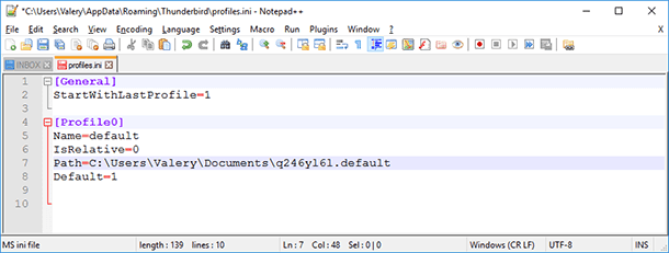 File profiles.ini with modified profile location data