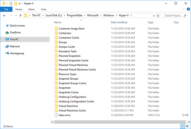 Other virtual machine files including configuration files and snapshots, are saved to this folder C:ProgramDataMicrosoftWindowsHyper-V