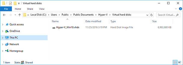 Hyper-V virtual disk file is saved to the folder C:UsersPublicDocumentsHyper-VVirtual hard disks