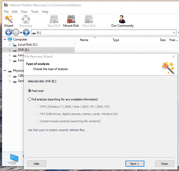 Hetman Partition Recovery. Type of analysis