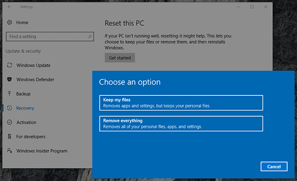 factory resetting windows 10