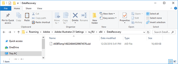 The auto recovery file has the extension .aid and may look like this: AIDBTemp1482247306297777136.aid