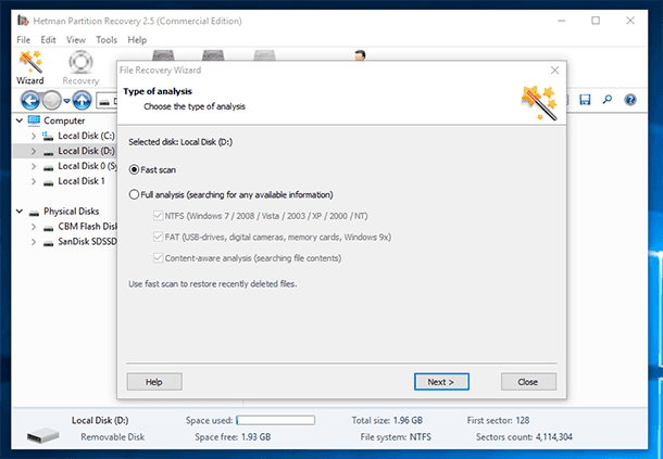 Hetman Partition Recovery. Type of analysis