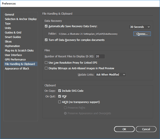 Le chemin par défaut est un dossier sur le disque C:UsersUserNameAppDataRoamingAdobeAdobe Illustrator 21 Settingsen_USdDataRecovery