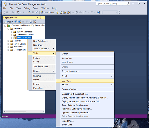 microsoft sql studio create a database from bak